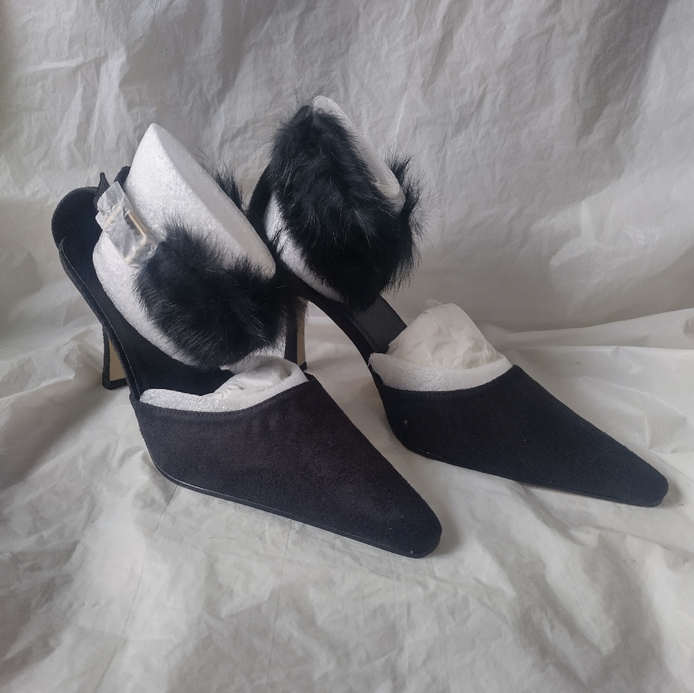 Pierre Dumas Carmela Women's Black Micro Suede Slingback Stiletto Heels Size 10M